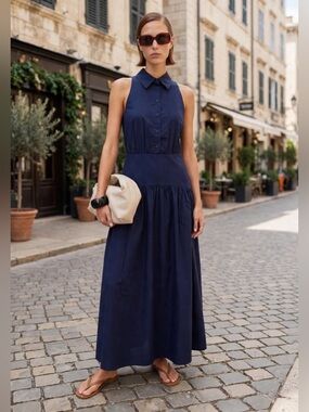 o.p.t Blyss Cotton Dress Sleeveless Collared Maxi Dress in Navy size 6.